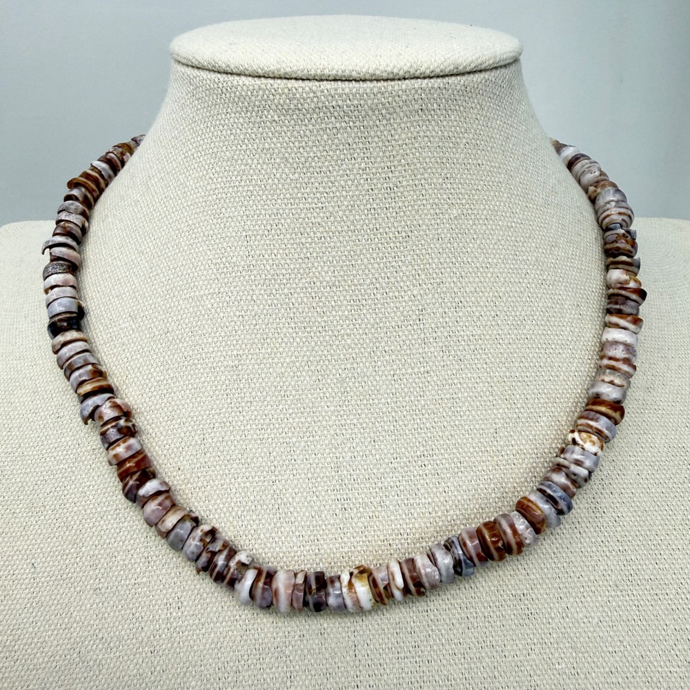 Vintage Natural Brown White‎ Puka Shell Bead Necklace Coastal Boho Choker